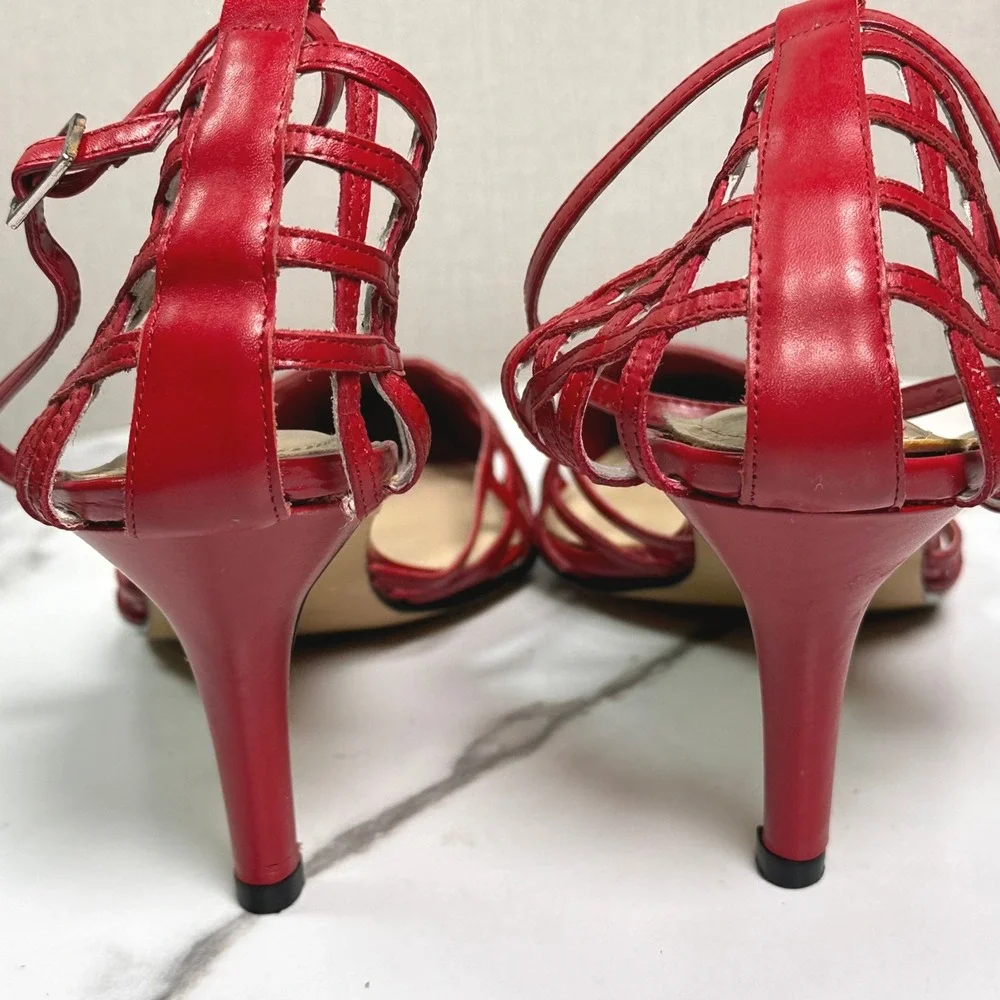 Valley Lane Ruby Red Leather Cage Pointed Toe Ankle Strap 3